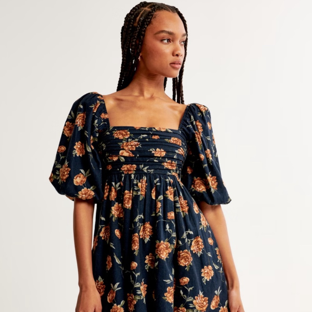 A&F Emerson Navy Floral Linen-Blend Puff Sleeve Mini Dress XS